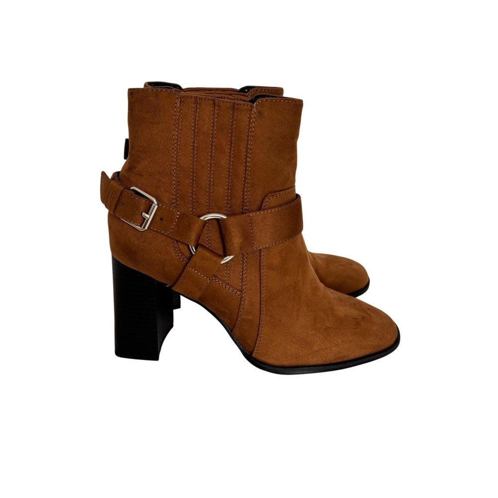BCBGeneration Brown Faux Suede Harness Block Heel Ankle Boots 10B Y2K